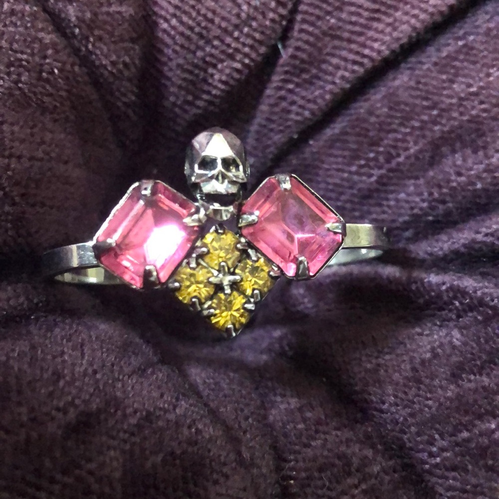 2 Ring Skull Pink & Yellow Swarovski Crystal Ring